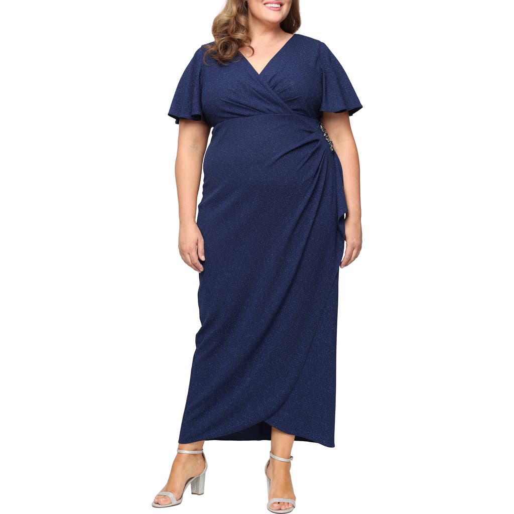 Sl Fashions Sparkle Crystal Embellished Faux Wrap Gown In Blue