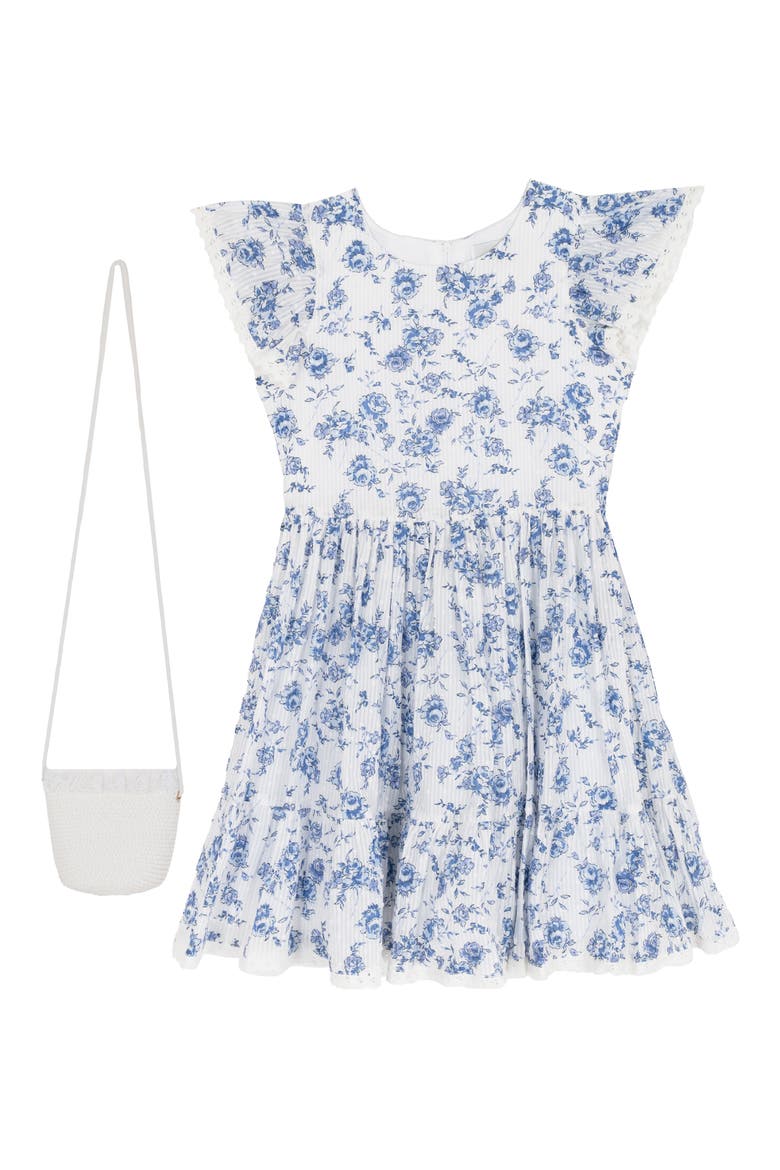 Kids' Floral Ruffle Sleeve Dress & Crossbody Bag, Main, color, BLUE