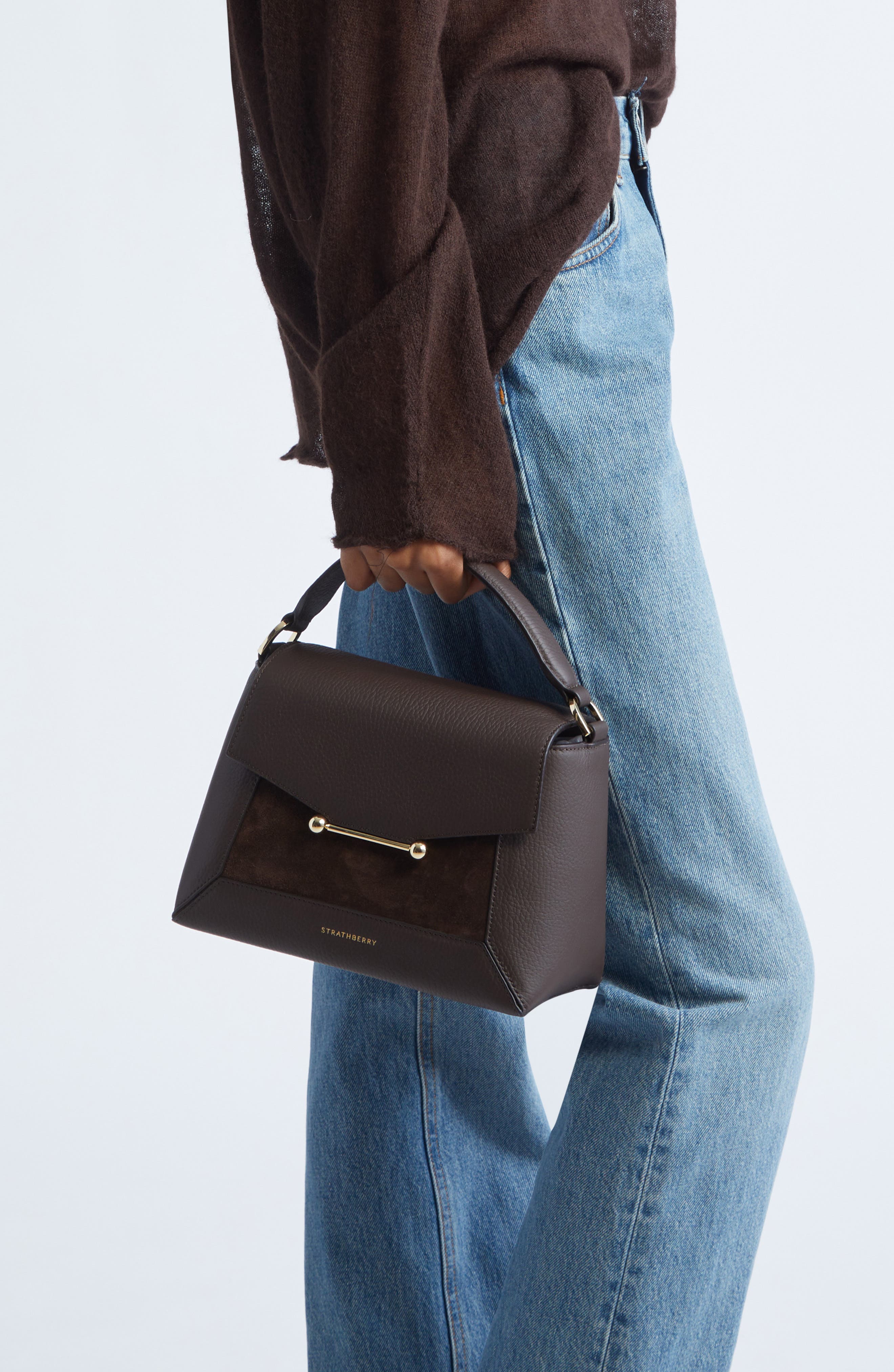 Strathberry Nano Mosaic Leather & Suede Top Handle Bag, Alternate, color, Dark Chocolate