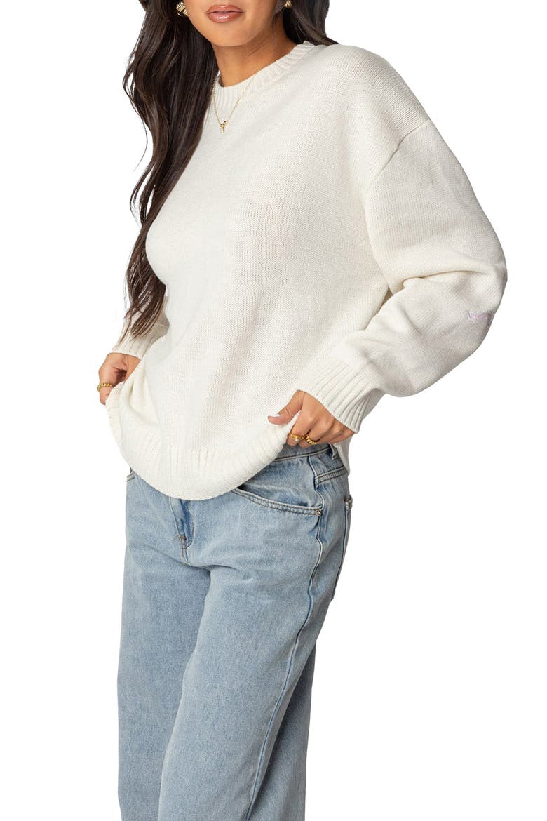 Rutie Bow Appliqué Crewneck Sweater, Alternate, color, WHITE