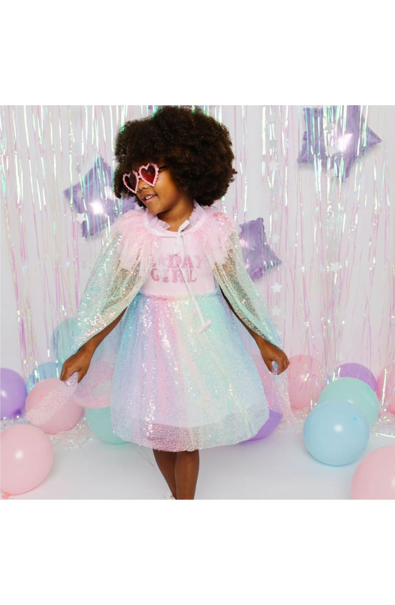 Sweet Wink Birthday Girl Patch Rainbow Ombre Sequin Short Sleeve Tutu Dress, Alternate, color, 