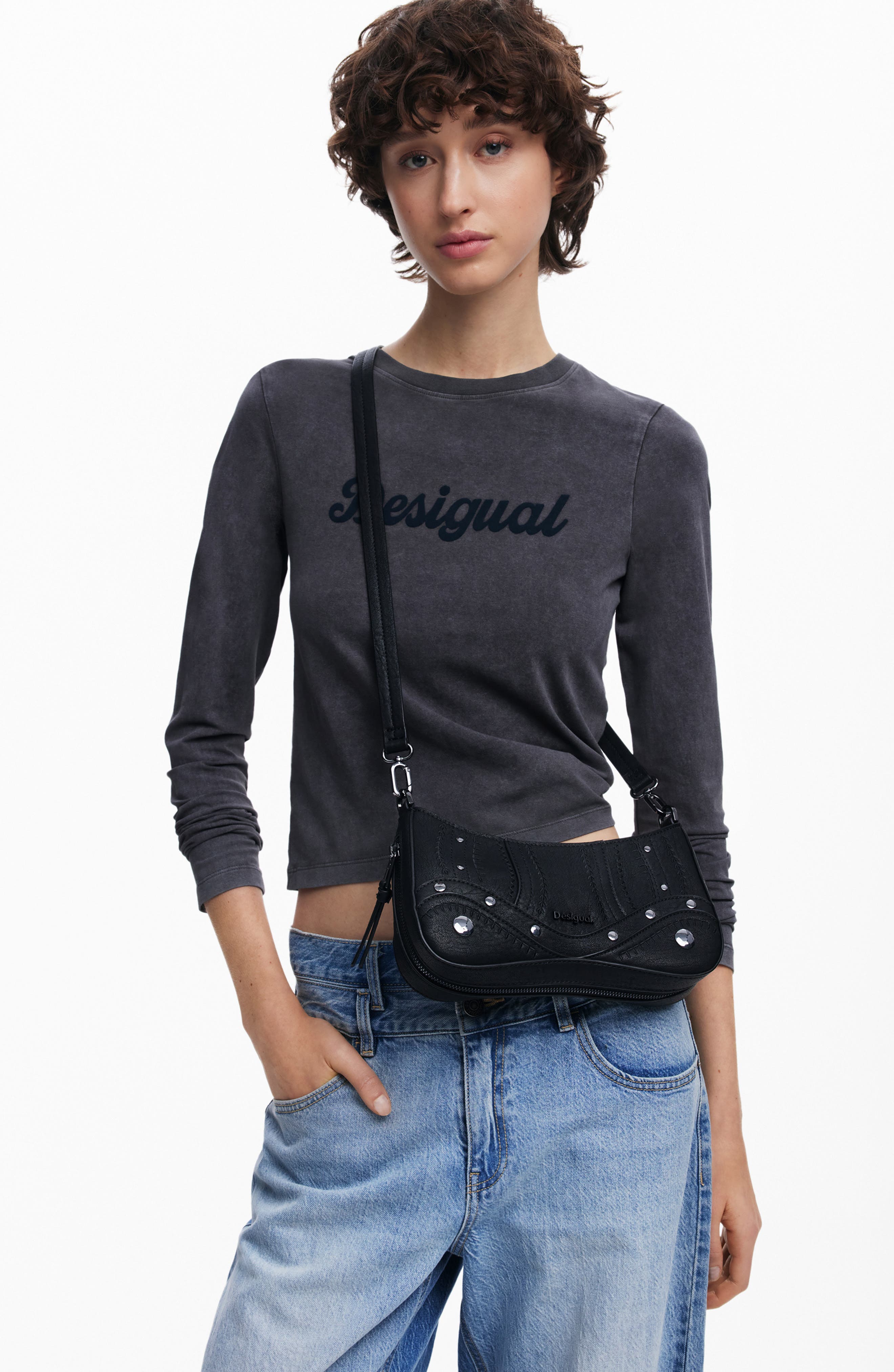 Desigual Embroidered Faux Leather Crossbody Bag, Alternate, color, Black