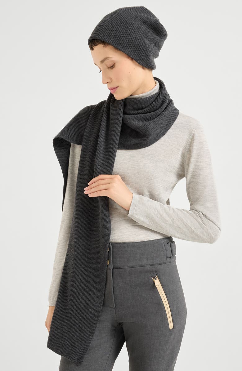 Brunello Cucinelli Cashmere knit scarf, Alternate, color, Lignite Grey