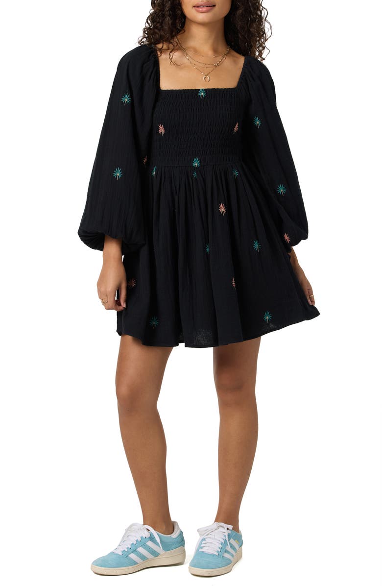 O'Neill Gracyn Palm Embroidered Long Sleeve Dress, Main, color, Black