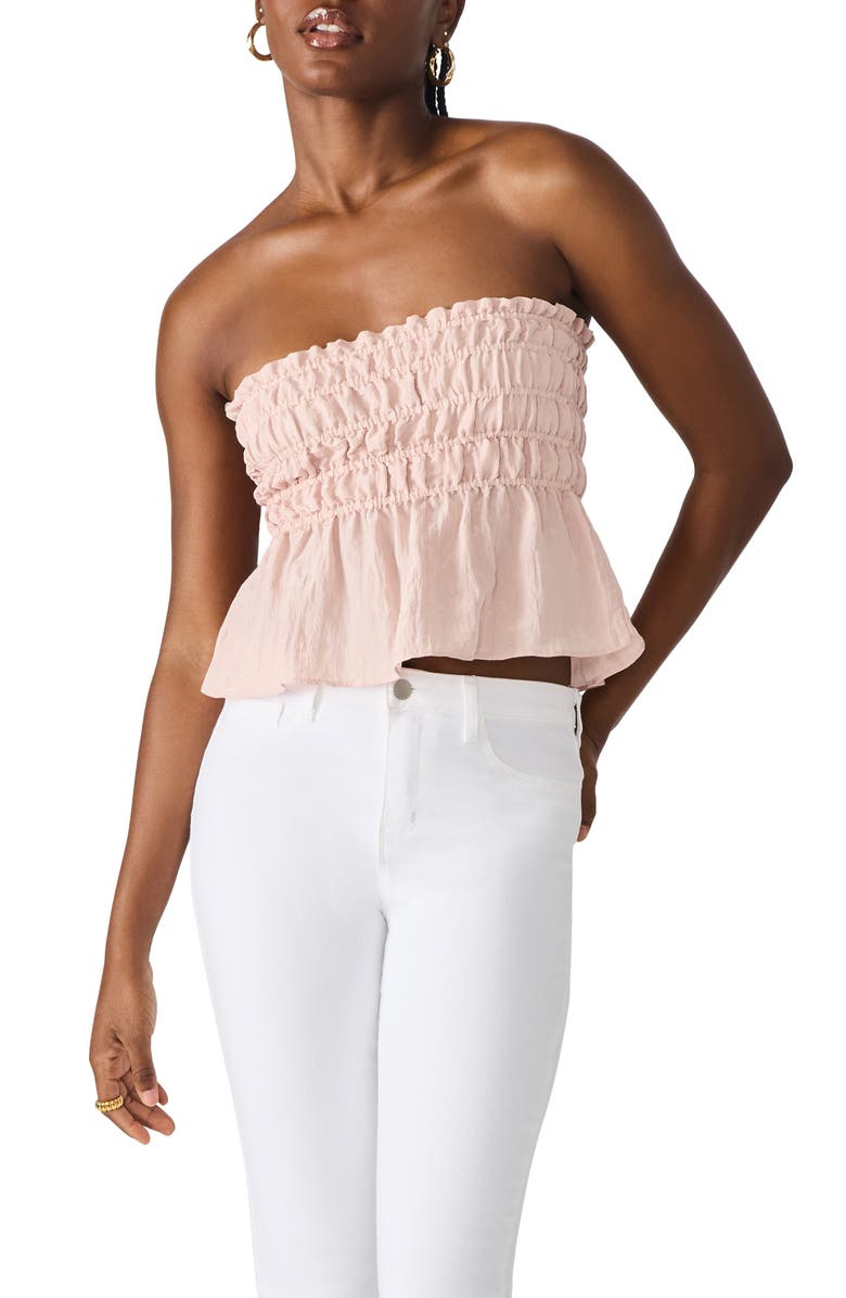 Steve Madden Cambria Strapless Smocked Peplum Top, Main, color, Rose Frost