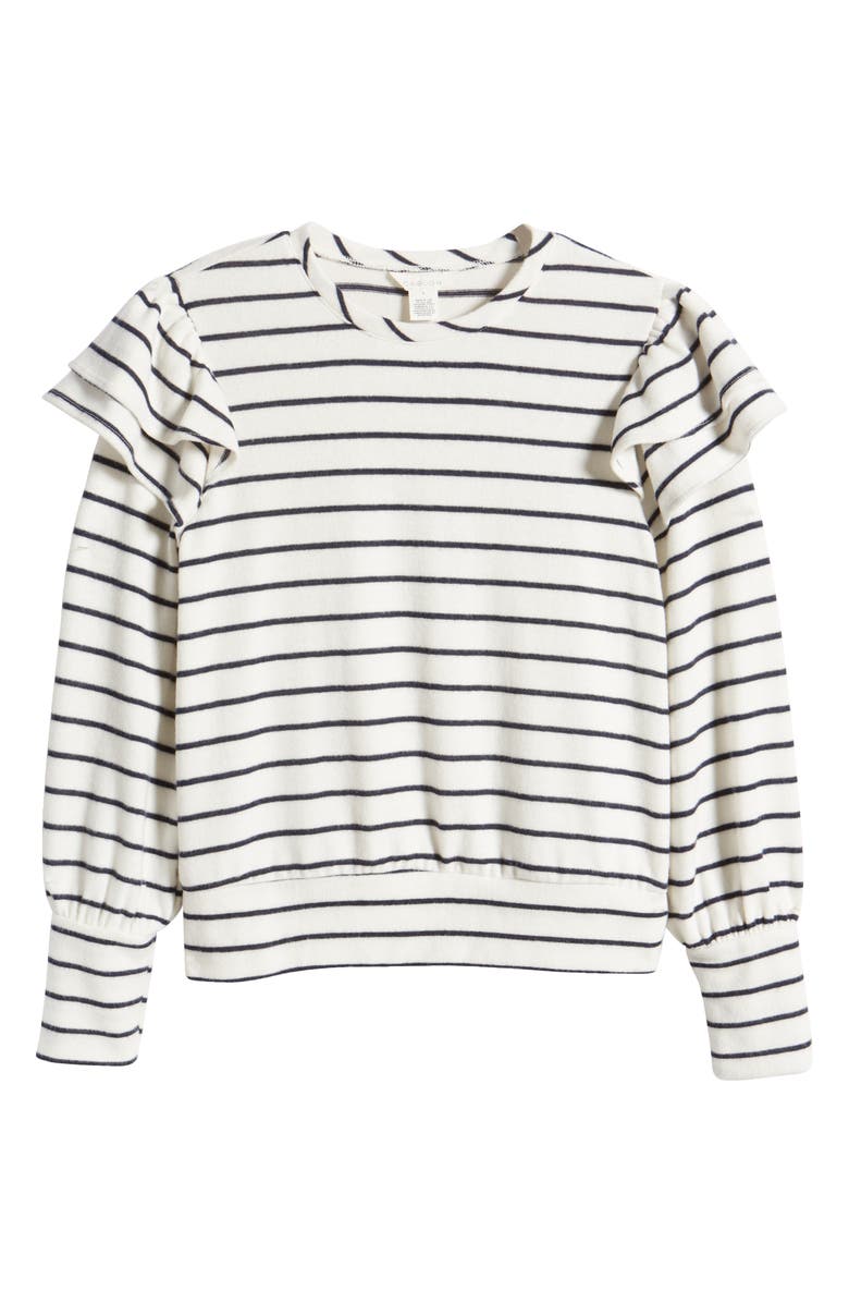 Caslon<sup>®</sup> Stripe Ruffle Shoulder Sweatshirt Top, Alternate, color, Ivory Cloud-Navy Bailey Stripe