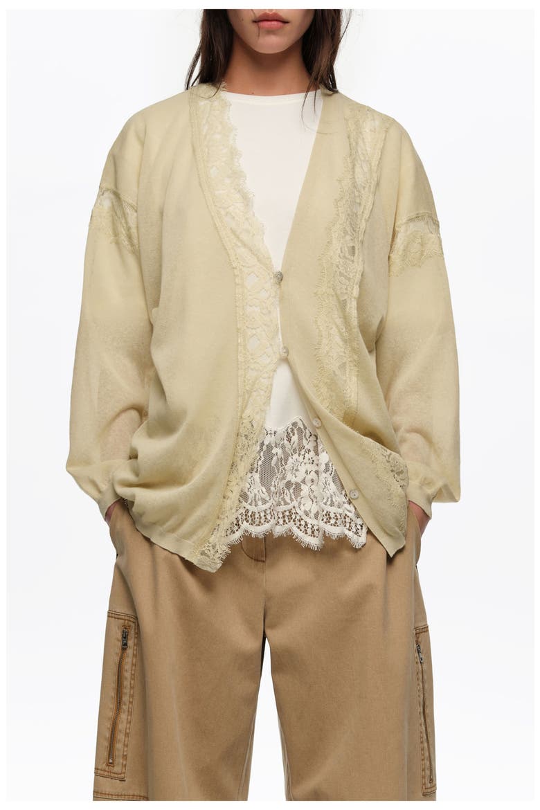 Long Cotton and Linen Cardigan With Lace Trim, Main, color, LIGHT GREEN