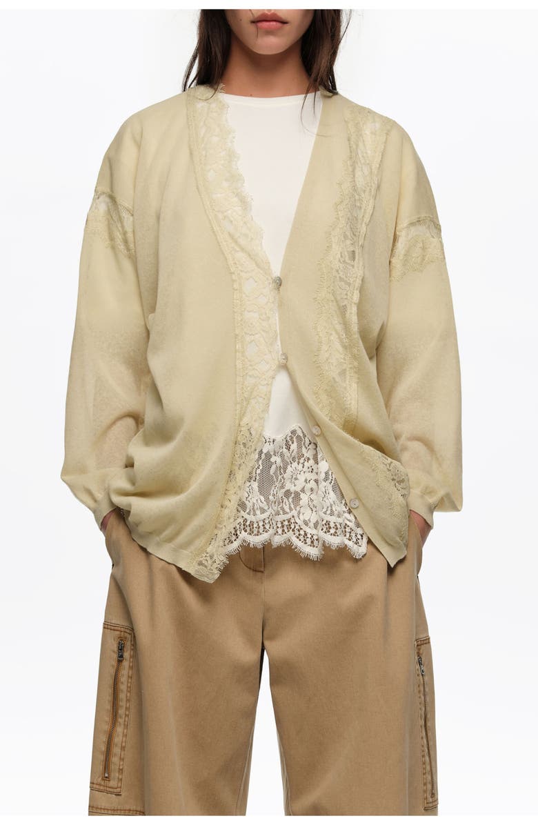 Bimba y Lola Long Cotton and Linen Cardigan With Lace Trim, Main, color, Light Green
