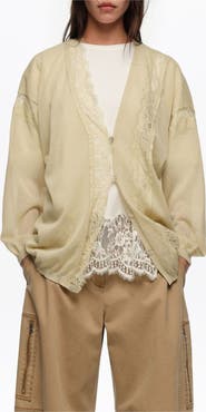 Bimba y Lola Long Cotton and Linen Cardigan With Lace Trim
