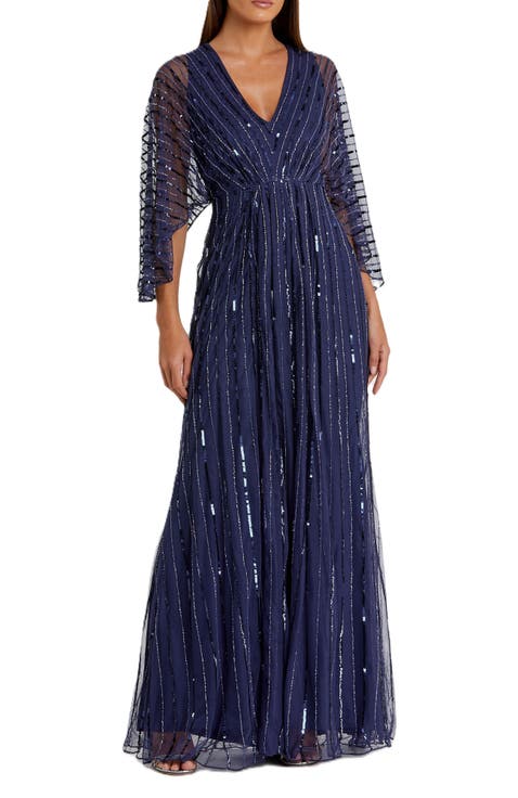 Beaded Striping Kimono Sleeve V Neck Gown