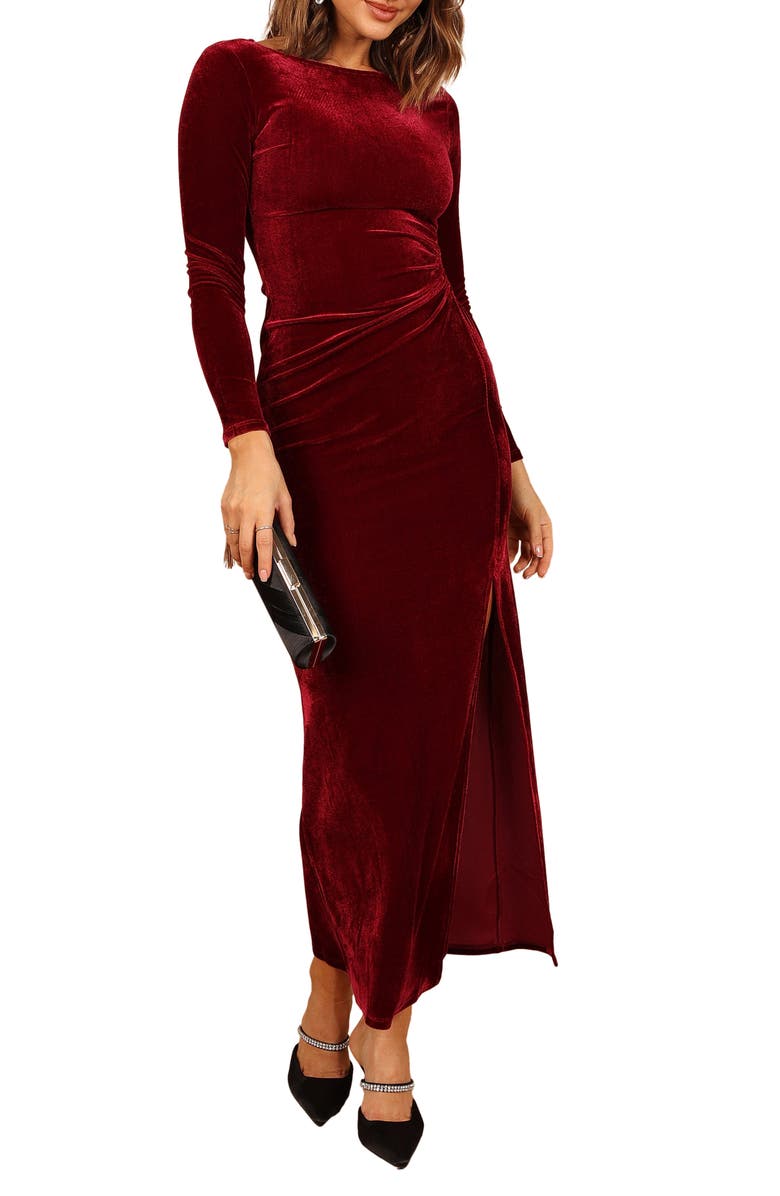 Petal & Pup Sarine Cutout Long Sleeve Velvet Maxi Cocktail Dress, Main, color, Wine
