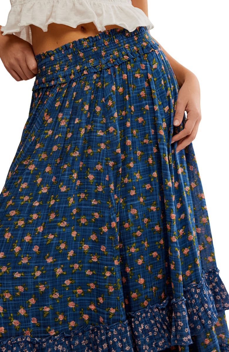 Free People Brynn Mixed Floral Tiered Cotton Blend Maxi Skirt, Alternate, color, Chambray Combo- Dits