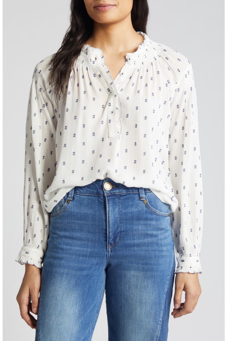 Smocked Print Top, Main, color, OFF WHITE/ COASTAL BLUE