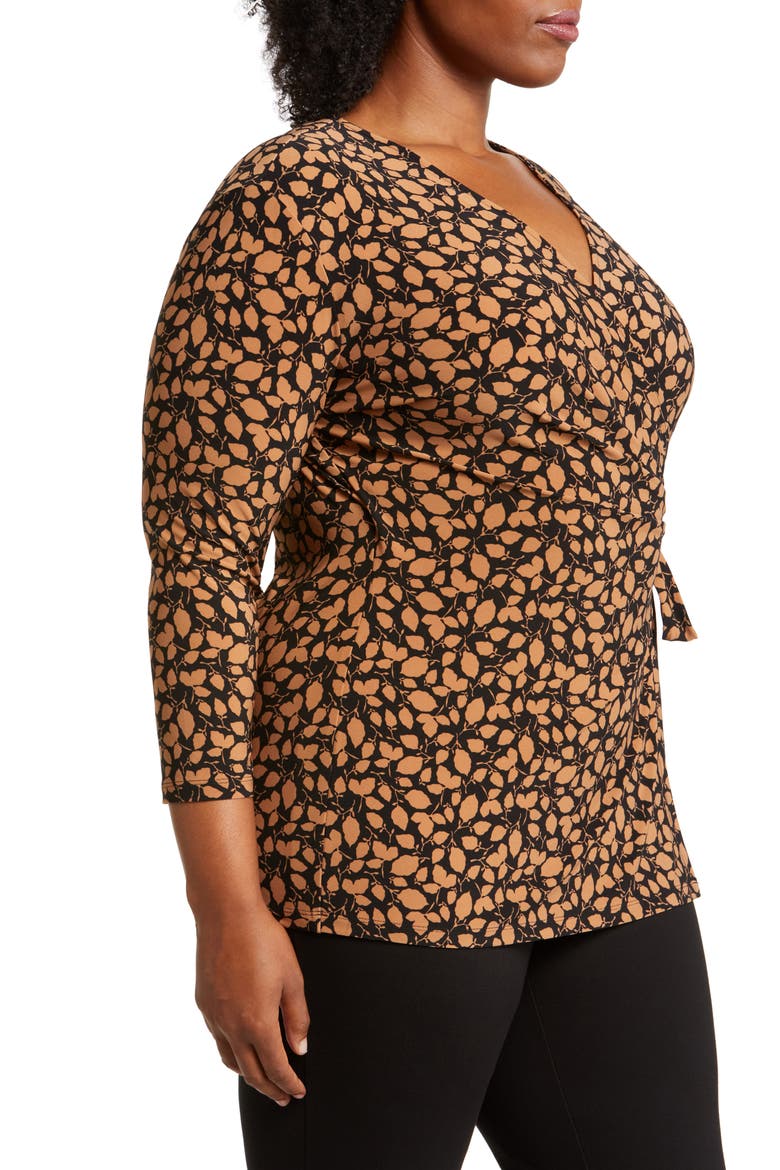 Leaf Print Faux Wrap Top, Alternate, color, ANNE BLACK/ VICUNA