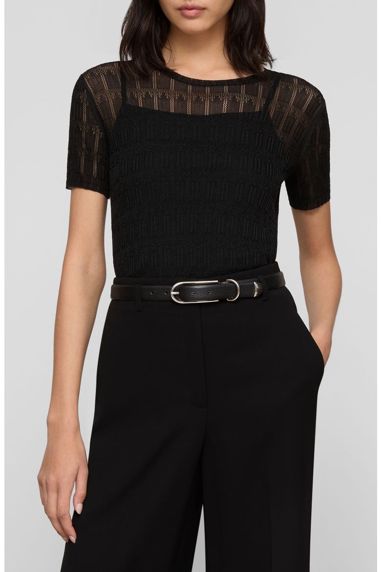 Lace Stitch Short Sleeve Sweater, Main, color, BLACK