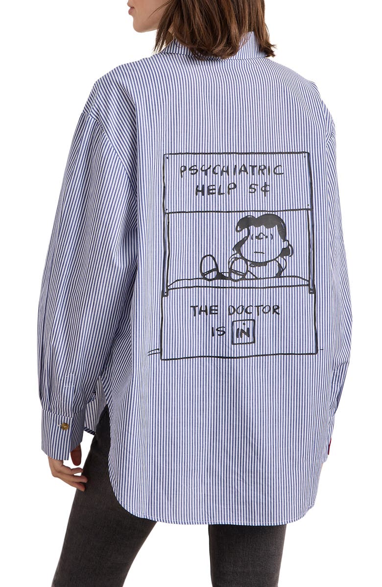 Sanctuary The Doctor Is In Back Graphic Stripe Cotton Button-Up Shirt, Alternate, color, Blue/ White