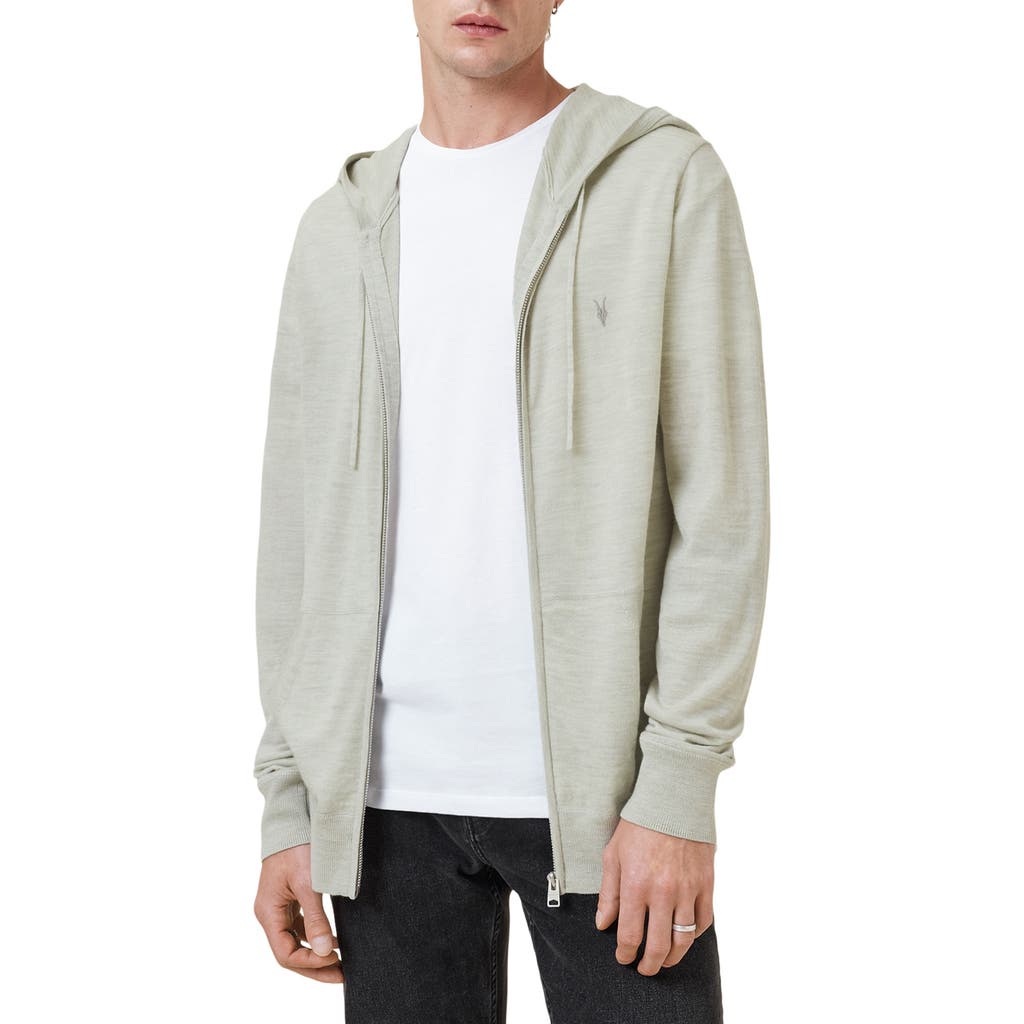 Allsaints Mode Merino Zip Up Ramskull Hoodie In Slate Green