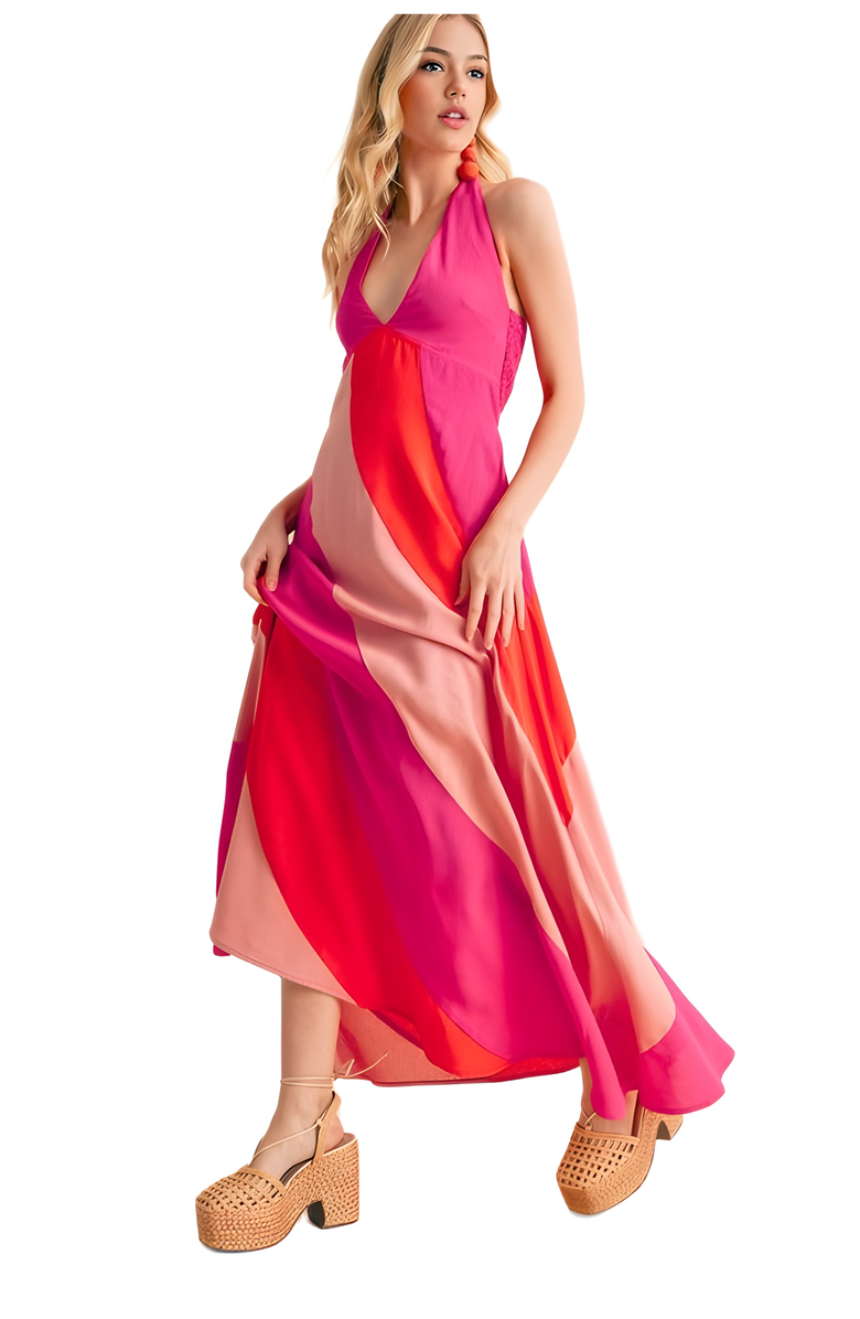 Knit and Lounge Colorblock Halter Neck Maxi Dress, Alternate, color,