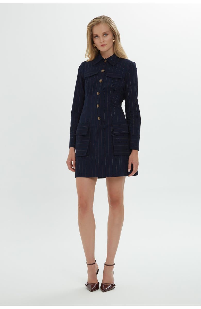 Gizia Long-Sleeved Striped Navy Shirt Dress with Gold Button Details, Main, color, Navy