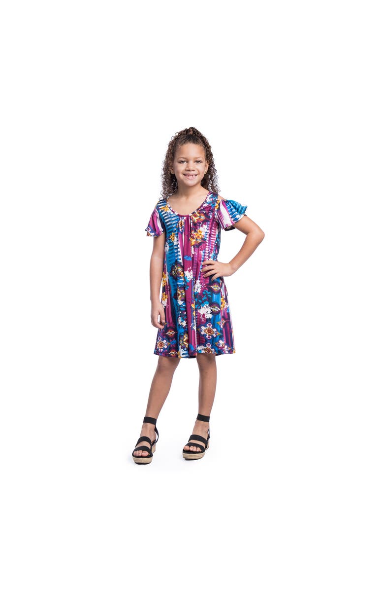 24sevenKid Floral Cold Shoulder Knee Length Dress, Main, color, Blue Multi