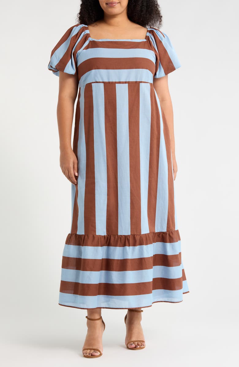 SUGARLIPS Evabella Xena Stripe Puff Sleeve Cotton Maxi Dress, Main, color, Brown-Blue