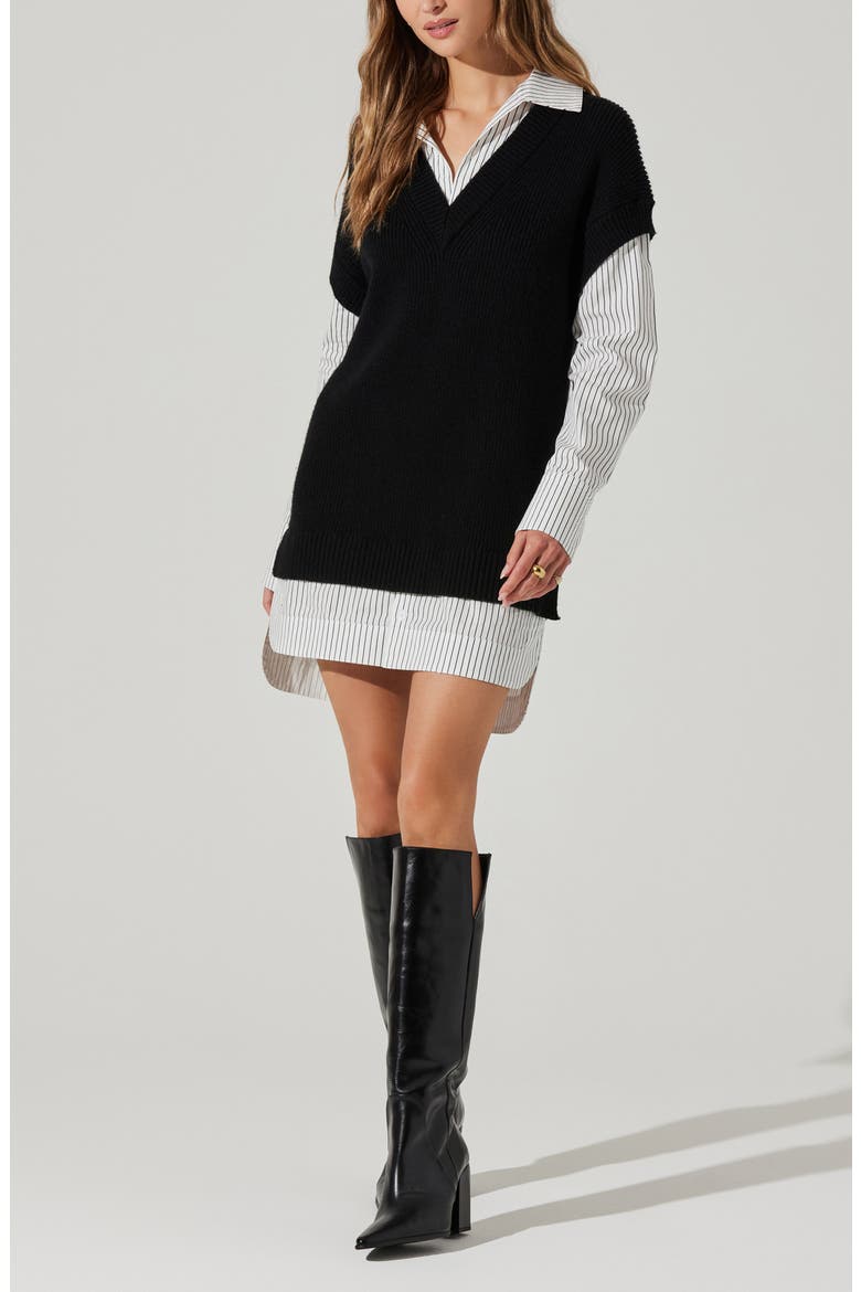 Ishilly Layered Long Sleeve Sweater Shirtdress, Alternate, color, BLACK WHIT