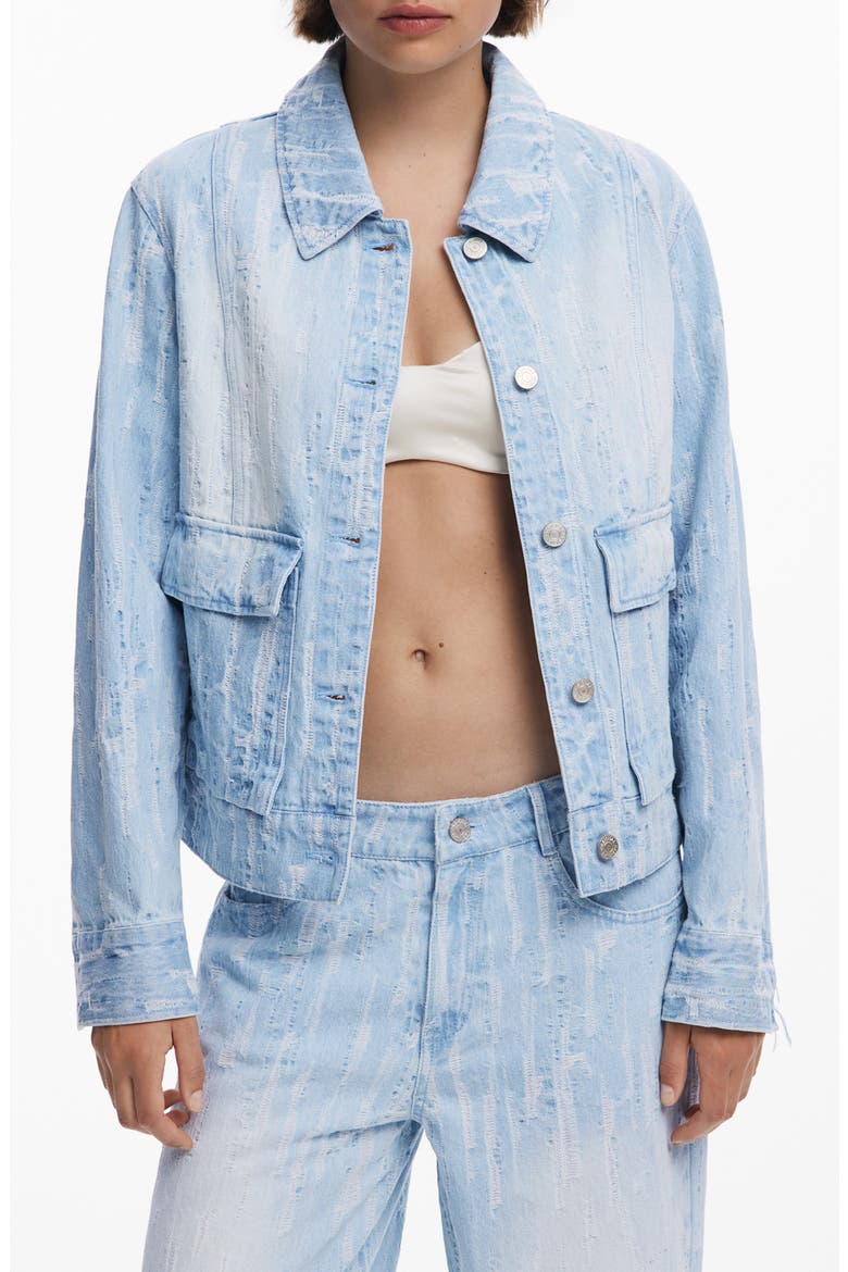 Distressed Denim Trucker Jacket, Main, color, MEDIUM BLUE