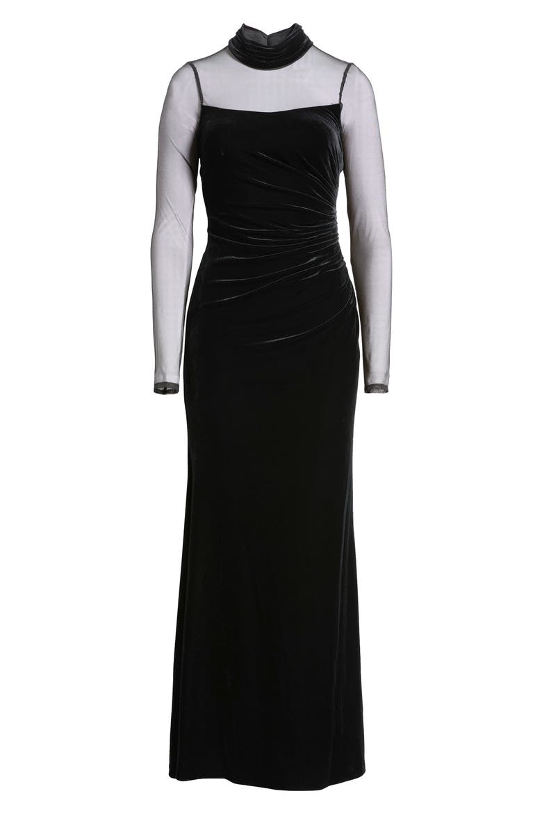 Mock Neck Long Sleeve Mixed Media Gown, Alternate, color, BLACK