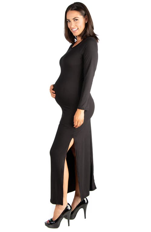 24seven Comfort Apparel Long Sleeve Side Slit Fitted Black Maternity Maxi Dress In Animal Print