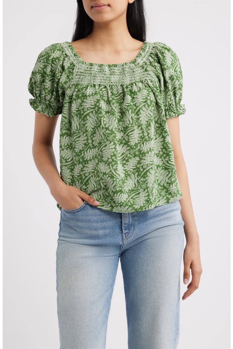 Leaf Print Smocked Yoke Top, Main, color, GREEN FERN FLORAL