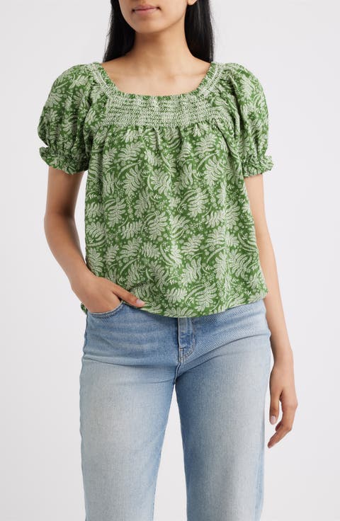Leaf Print Smocked Yoke Top