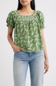 Bobeau Leaf Print Smocked Yoke Top
