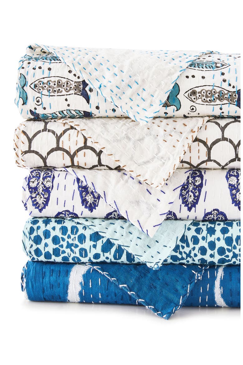 Scallop Kantha Cotton Throw Blanket, Alternate, color, INDIGO