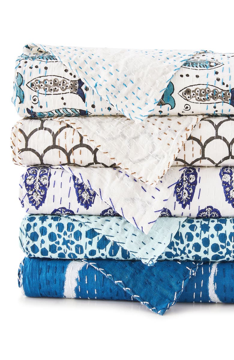 MELANGE HOME Scallop Kantha Cotton Throw Blanket, Alternate, color, Indigo