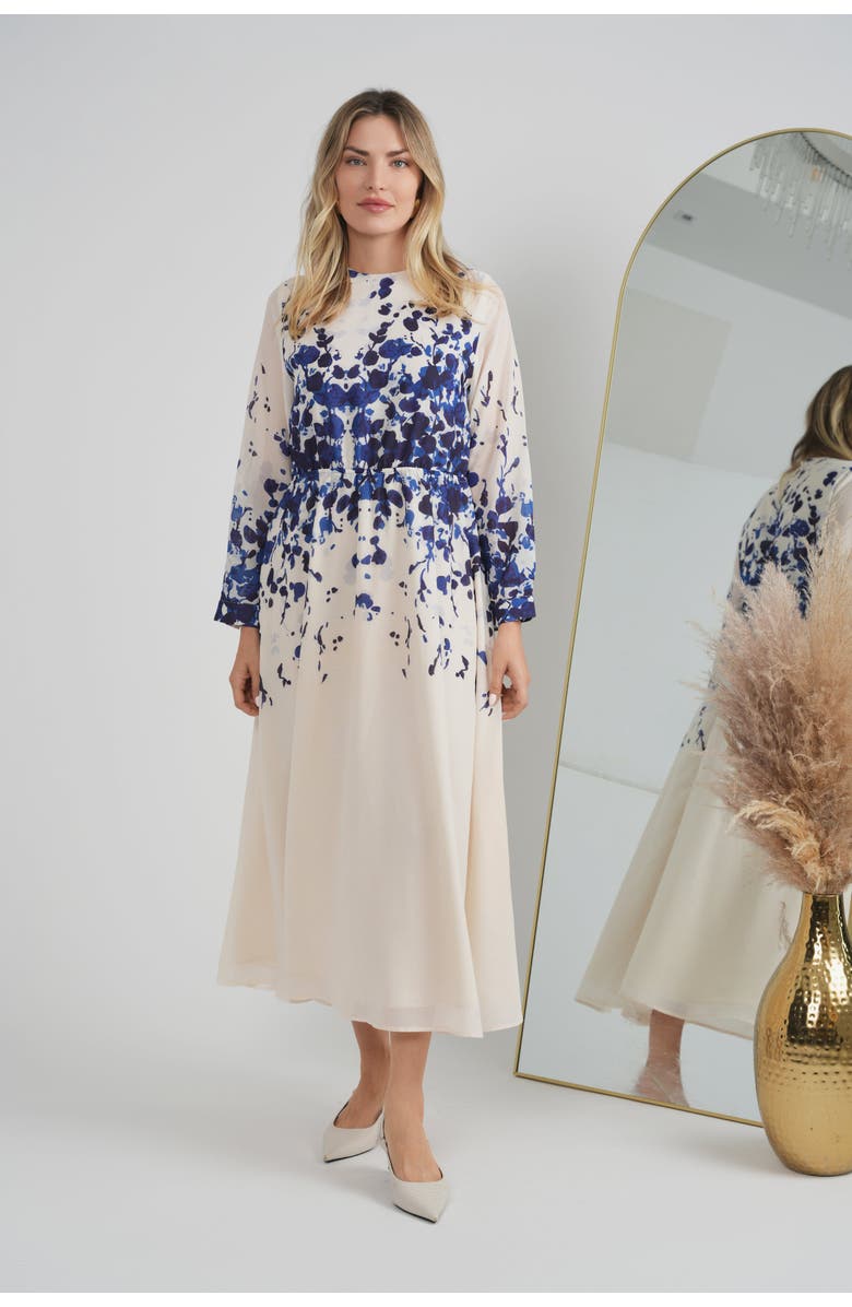 Milan Italy Floral Embroidered Elastic Waist Midi Dress, Alternate, color, Cream Floral