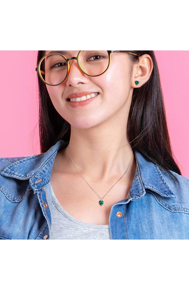 DELMAR Heart Cut Lab Created Emerald Solitaire Pendant Necklace & Stud Earrings Set, Alternate, color, Green