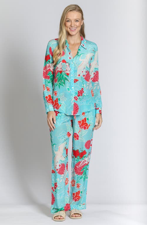 Apny Belted Print High Waist Pants In Turquoise Multi