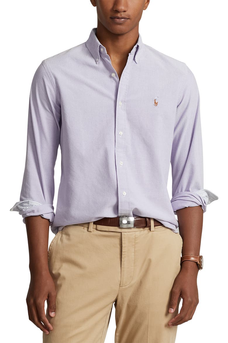 Contrast Trim Cotton Oxford Button–Down Shirt, Main, color, THISTLE