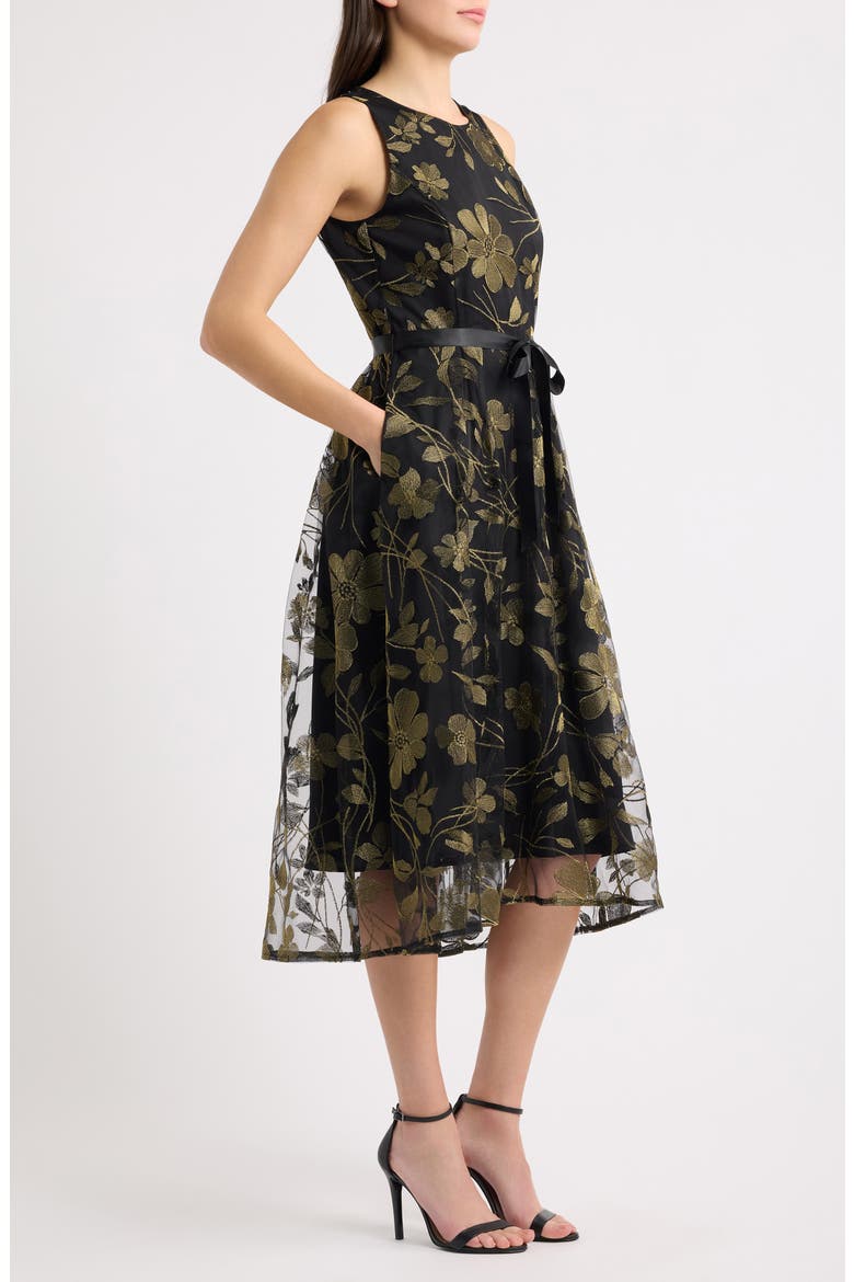 Belted Metallic Floral Embroidered Fit & Flare Midi Dress, Alternate, color, BLACK GOLD