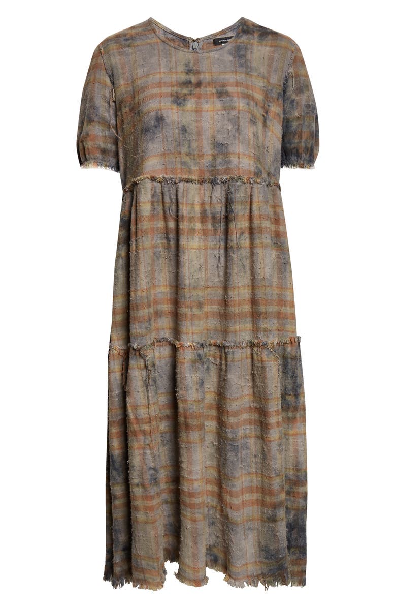 R13 Plaid Shredded Relaxed Cotton Flannel Midi Dress, Alternate, color, Overdyed Light Blue Plaid