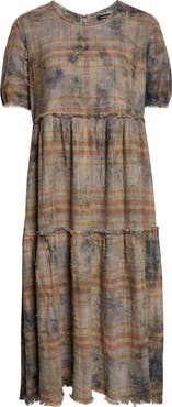 R13 Plaid Shredded Relaxed Cotton Flannel Midi Dress