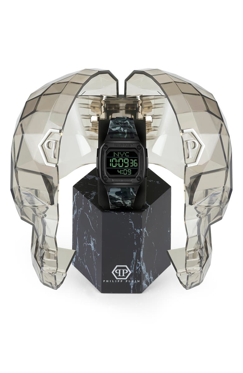 PHILIPP PLEIN Hyper $hock Silicone Strap Square Watch, 44mm, Alternate, color, Black