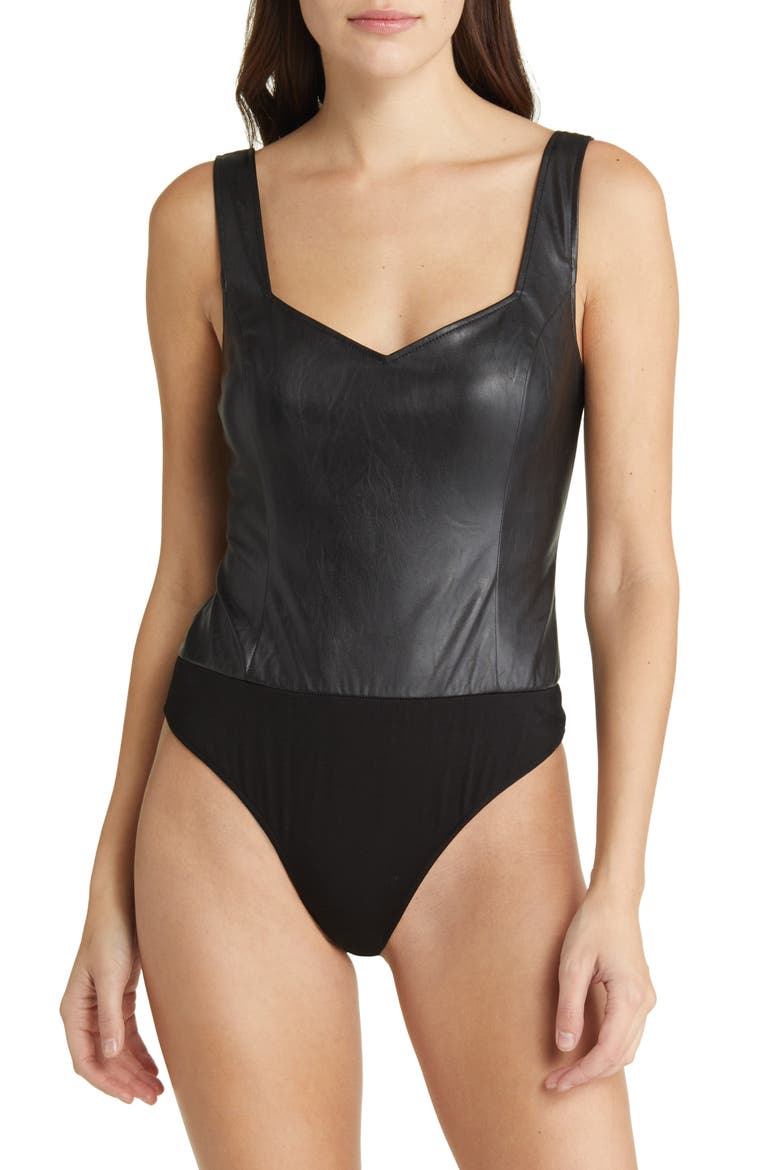 Rinna Faux Leather Bodysuit, Alternate, color, BLACK