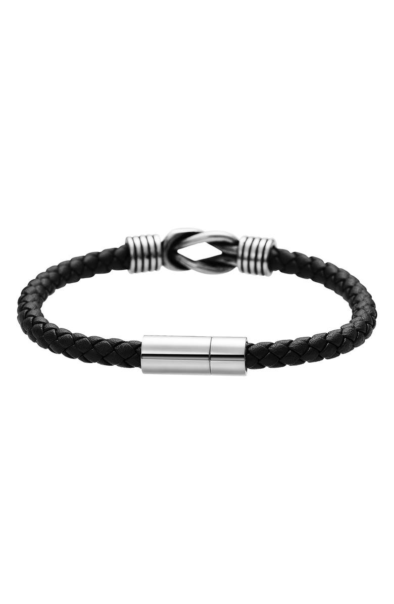 GEOFFREY BEENE Men's Stainless Steel Knot Leather Bracelet, Alternate, color, Black