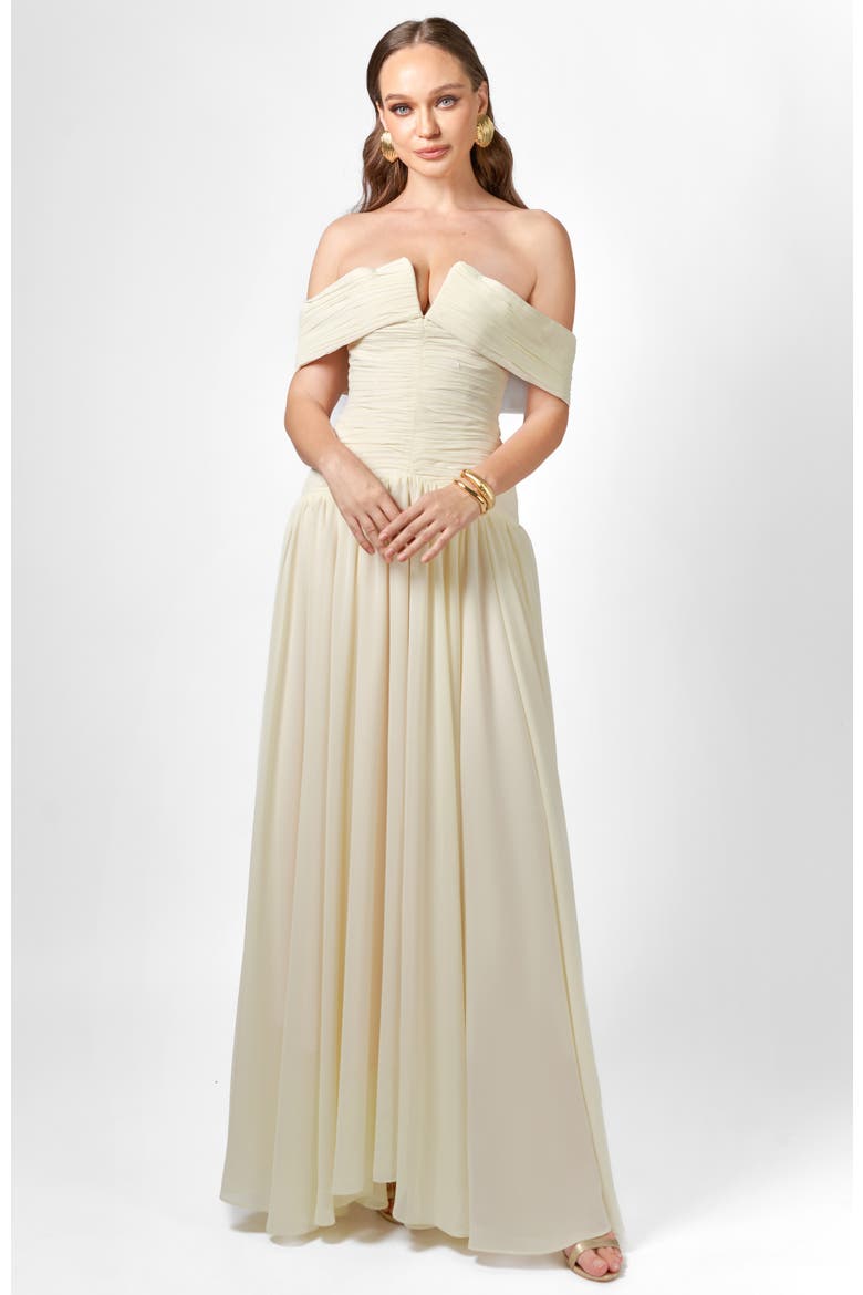 Keecia Off Shoulder Chiffon Gown, Alternate, color, CREAM