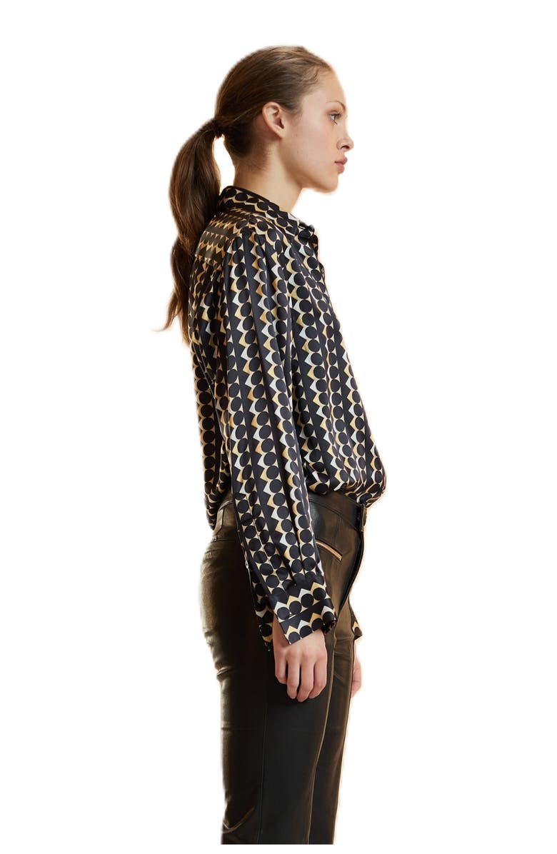 Cynthia Rowley Foil Silk Button Up Shirt, Alternate, color, Geo Black/Camel Combo