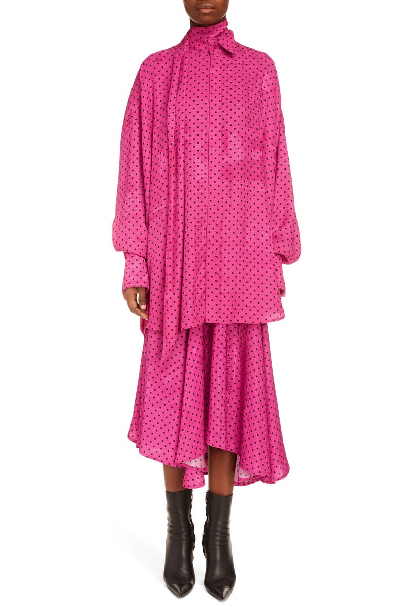 Balenciaga Polka Dot Print Newspaper Jacquard Tie Neck Tuxedo Blouse, Alternate, color, 