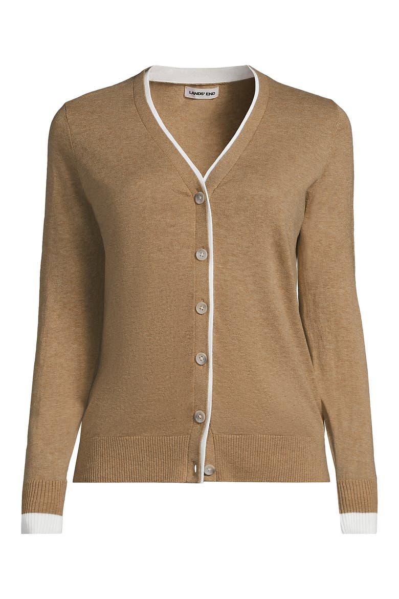 Double Trim Cotton V Neck Cardigan Sweater, Alternate, color, Vicuna Heather/White