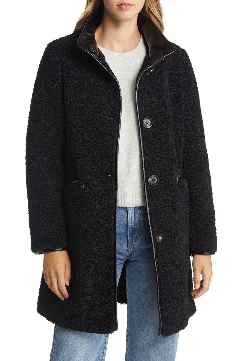 Stand Collar Faux Shearling Coat, Main, color, BLACK