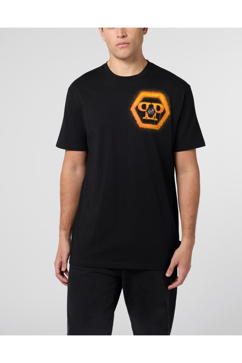 Round Neck T-Shirt Spray Hexagon Men, Main, color, black